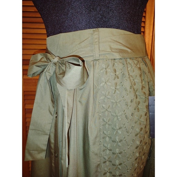 Olive Green Cotton Eyelet Maxi Skirt - Sheen Buttons Bow Tie Elastic Waist - S - Picture 8 of 13